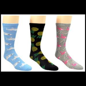 Mens Beach Theme 3 Pair Pack Crew‎ Socks - Shark, Pineapple, Flamingo
